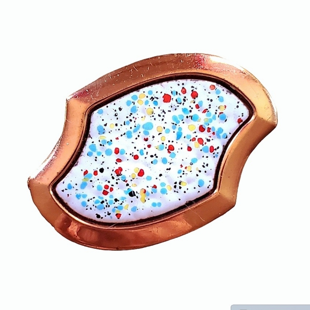 Copper & White Enamel With Colorful Confetti Paint Splash Brooch appx 2"